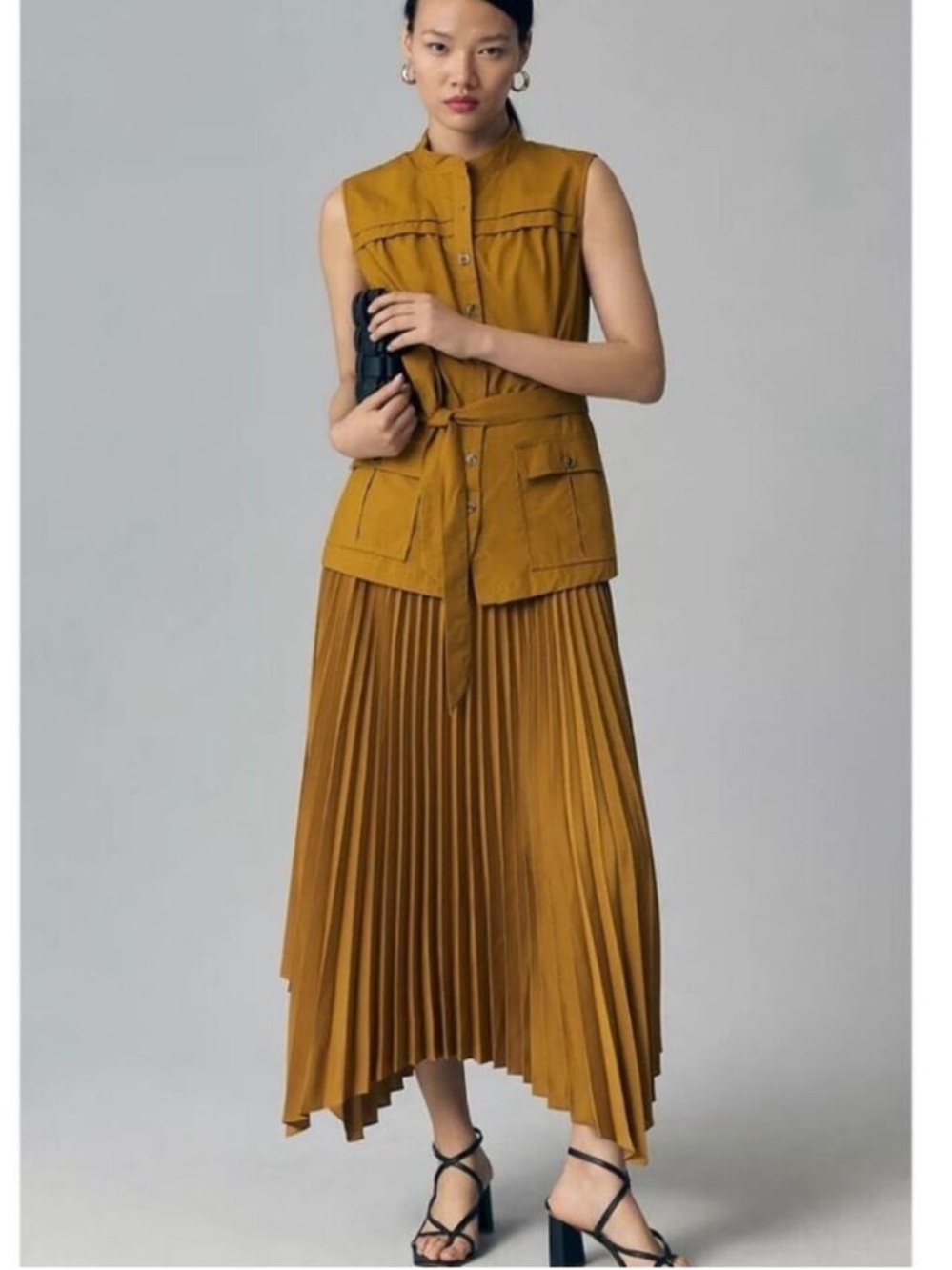 Anthropologie Mustard Pleated Midi Dress